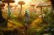 © Trinette Reed - Woman walking on magical psychedelic mushrooms in forest. Generative AI.