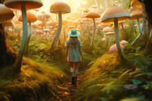 Woman Walking On Magical Psychedelic Mushrooms In Forest. Generative AI.
