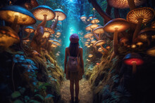 Woman Walking In Forest On Magical Psychedelic Mushrooms, Night. 