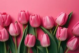Fototapeta Tulipany - Beautiful tulips on color background, top view. Space for text, generative Ai