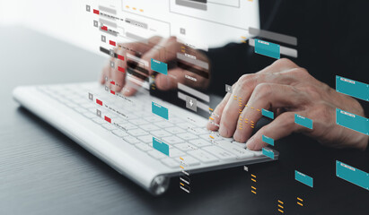 Wall Mural - engineer working with database for digital data design or cyberspace network and connection. informa