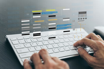 Wall Mural - engineer working with database for digital data design or cyberspace network and connection. informa