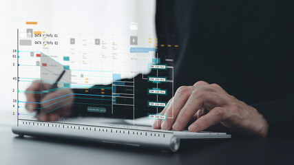 Engineer working with database for digital data design or cyberspace network and connection. Information science system analysis, planning and development. Big data program software management concept