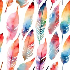 Colorful watercolor seamless feather repeating pattern. Painting design wallpaper. Rainbow abstract background.