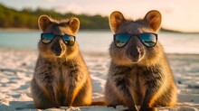 Two Quokkas Wearing Sunglasses On The Beach, Close Up, Tropical, Photo-realistic, Summer Time