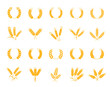Spikes of wheat, rye and barley, laurel wreath with cereal ears, vector bakery icons. Bread products and baked food symbols of cereal ear spikes or wheat, rye or barley for organic muesli or pastry