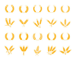 Canvas Print - Spikes of wheat, rye and barley, laurel wreath with cereal ears, vector bakery icons. Bread products and baked food symbols of cereal ear spikes or wheat, rye or barley for organic muesli or pastry