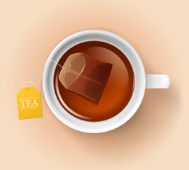 Isolated cup with tea bag. Top view white porcelain mug with hot drink. Cafe or restaurant, breakfast traditional herbal beverage realistic vector background with tea bag in cup