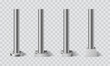 © Vector Tradition - Steel metal pillars, poles and pipe columns or post stands, vector realistic 3D. Steel iron pillars or pole sign cylinders screwed by bolts to base, aluminium pipe columns and chrome signpost pillars