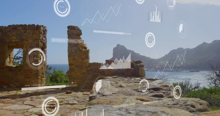 Wall Mural - Animation of data processing against view of fort and sea