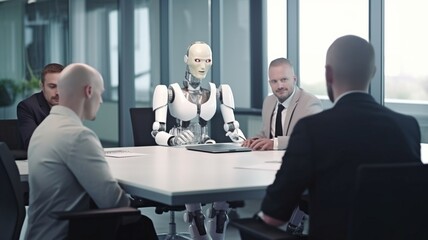 Humanoid robots and workers attend a business meeting. GENERATE AI