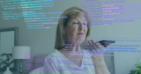 Wall Mural - Animation of data processing over senior caucasian woman talking on smartphone