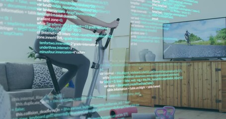 Poster - Animation of data processing over caucasian woman riding stationary bike