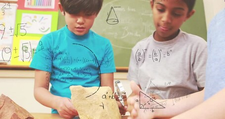 Sticker - Animation of mathematical equations over diverse boys inspecting a rock in science class at school