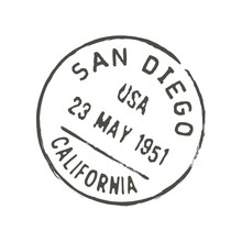 San Diego Postage And Postal Stamp. Letter Envelope Or Parcel Imprint, United States Of America Postal Grunge Vector Ink Stamp Or Mail Delivery Departure California San Diego City Seal