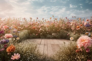 Natural podium product display backdrop with dreamy flower field background generative ai