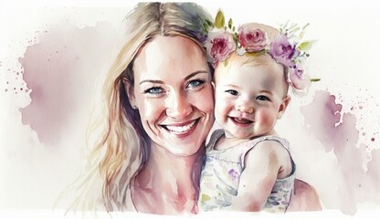 Floral watercolor illustration of smiling mother and baby hugging each other, happy childhood, mother's day, copy space. Concept mothers love, relationships between mother and child. Generative ai