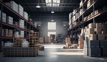 Large Clean Warehouse With Shelfs Carboard Boxes And Products. Generative AI