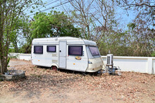 BANGKOK, THAILAND - MAY 10, 2023 : Modern Caravan Home Constructed From Aluminum Abandoned In The Middle Of Nature At Thailand.