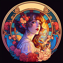 Beautiful Woman Painted In Art Nouveau Style