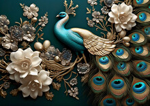 3d Peacock, Beautiful Floral Jewelry Wallpaper. Seamless 3d Flowers On Dark Background
