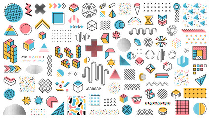 Memphis geometric shapes, abstract modern minimal line elements and vector symbols. Memphis pattern geometric shapes of circle, triangle and color dots, vintage retro art forms and figures for pattern