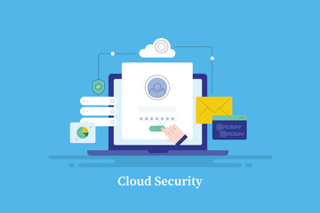 Cybersecurity integrated with cloud computing system, person accessing to encrypted data with secure login password from laptop screen, video animation.