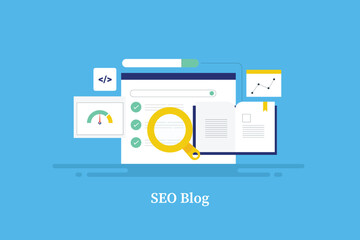 Learning about SEO optimization from digital marketing blog, website optimization, coding, meta data SEO book and blog concept, vector illustration. 