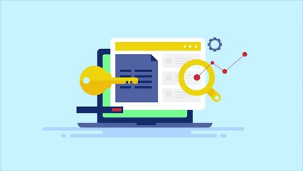 Wall Mural - seo keyword competition analysis and ranking monitoring. laptop with website keyword list data conce