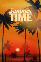 Wall Mural - Summertime Sunset Beach Template Design Palms Poster, Flyer.