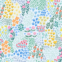 A pattern of abstract bright spring and summer flowers on a light blue background.