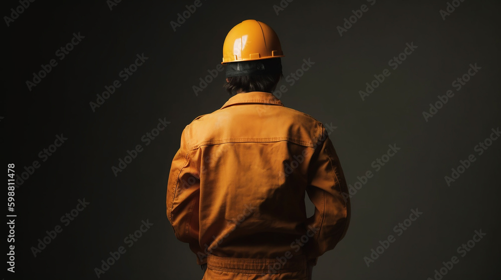 A man with an orange color dress and hat stands in front of a dark ...