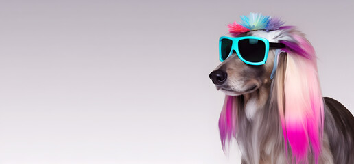 Wall Mural - Fashionable Afghan hound dog wearing sunglasses in fairy kei style.