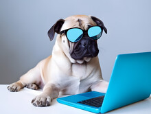 Busy Pug Dog. Concept Of Hardworking Or Work From Home.