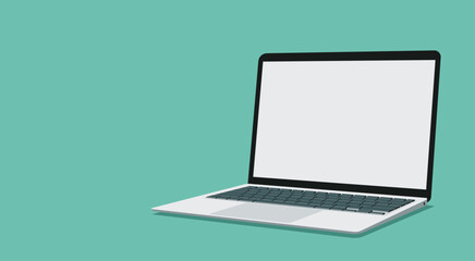 perspective angle laptop computer with white blank empty display screen for copy space in the workplace, vector flat illustration	