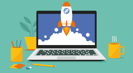 Rocket coming out of laptop computer screen for business startup launch concept on top of office desk, vector flat illustration