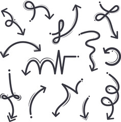  Hand drawn squiggly doodle lined arrows and accent set transparent background graphics