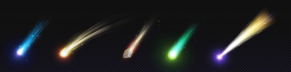 Wall Mural - comet and meteoroid fall speed trail galaxy vector set. 3d meteor shower with flame in sky effect wi