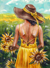 A Beautiful Girl In A Yellow Dress And A Wide-brimmed Hat In A Field Of Sunflowers. Watercolor Drawing Postcard.
