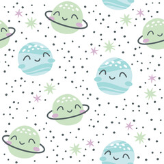 Wall Mural - Children's vector space pattern. Smiling planets Saturn and Venus, stars. Pattern on white background for children's products  Generative AI