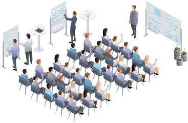 Wall Mural - Business presentation, speech. Teamwork presentation conference coworking workplace brainstorming and discussion isolated. International public conference Indicators and coaching. Vector isometric, 3d