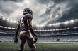 Football player, dark cloudy background. The imaginary stadium is modelled and rendered.