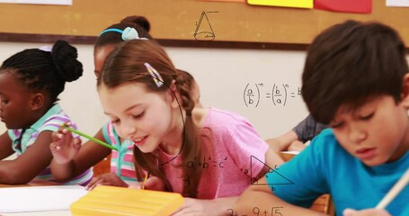 Sticker - Animation of mathematical equations over diverse group of kids studying in the class at school