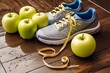 Fitness equipment. Healthy food. Sneakers, water,apple on wooden background