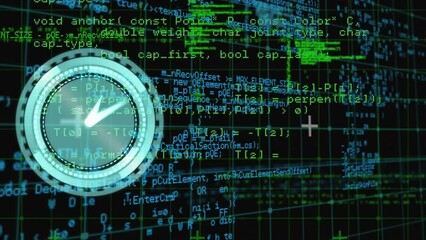 Wall Mural - animation of digital clock over grid pattern against computer language on black background