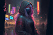 red eyed young girl from multiverse, metaverse halloween fantasy, AI generated, beautiful neon city