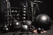 Fitness equipment on a dark background with copy space