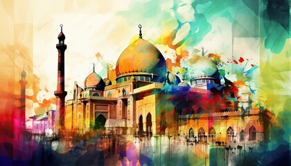 Wall Mural - water color painting Arabic Islamic Typography design Mawlid al-Nabawai al-Sharif greeting card with dome and minaret of the Prophet's Mosque. Generative Ai