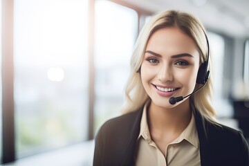 Poster - Attractive business woman Asian in suits and headsets are smiling while working with computer at office. Customer service assistant working in office. Generative Ai.