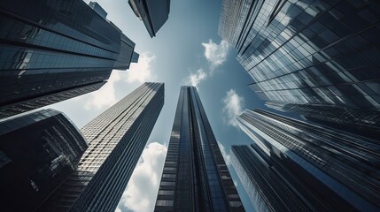 Poster - Bottom view of modern skyscrapers in business district. Generative Ai.